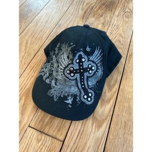 ANOMA Tek Flex Black Cross Wings Embellished Baseball Cap Hat‎